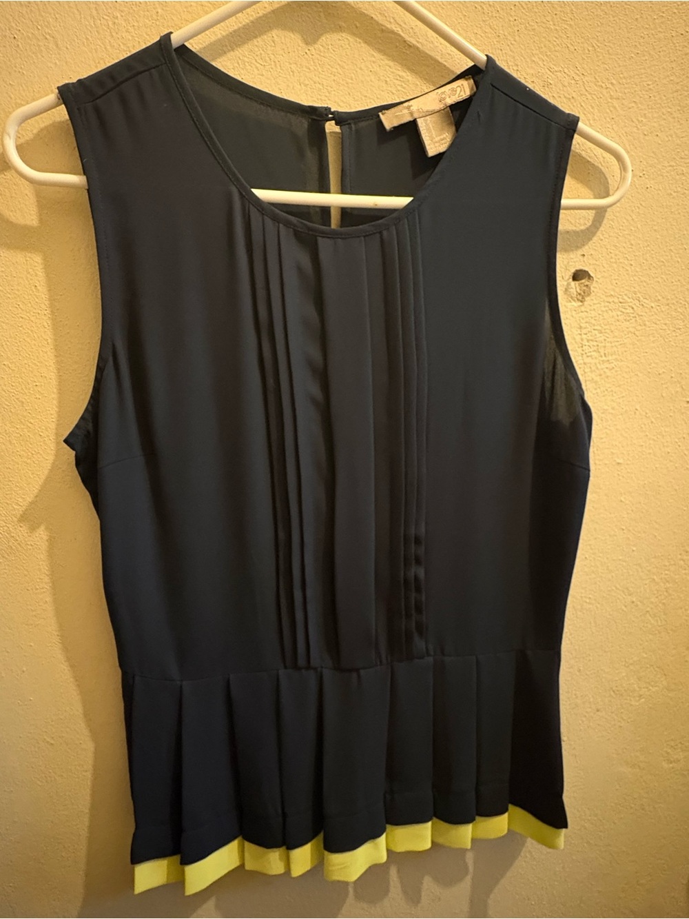 Forever 21 Navy Sleeveless Pleated Peplum Top with Yellow Trim